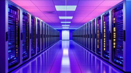 Fototapeta premium Data Center Server Corridor with Illuminated Racks. Perspective View of Technology Infrastructure