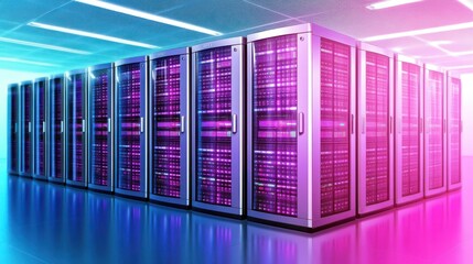 Data Center Server Corridor with Illuminated Racks. Perspective View of Technology Infrastructure
