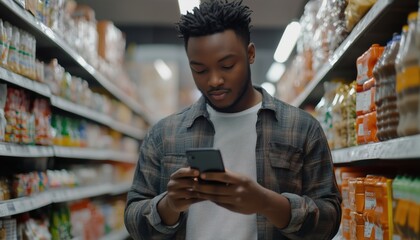 Young African American Male Customer In Casual Attire Texting On Smartphone By Shelves In Grocery Store With Full Attention.