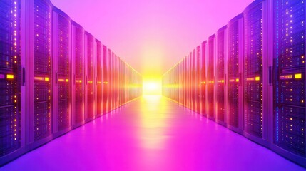 Fototapeta premium Data Center Server Corridor with Illuminated Racks. Perspective View of Technology Infrastructure