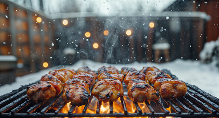  barbecue/ bbq meat/ chicken  on a grill in the garden in winter with snow in the background