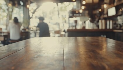 Coffee Shop Atmosphere Reflected On Wood Table Top For Use In Montage Product Display Or Key Visual Layout. Blur Of People Included.