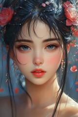 Woman with blue eyes and pink cheeks wearing a flower crown