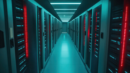 Fototapeta premium Data Center Server Corridor with Illuminated Racks. Perspective View of Technology Infrastructure