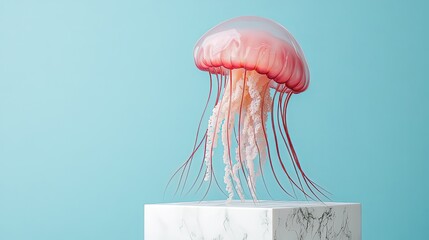 A stylized jellyfish displayed on a marble pedestal against a blue background.