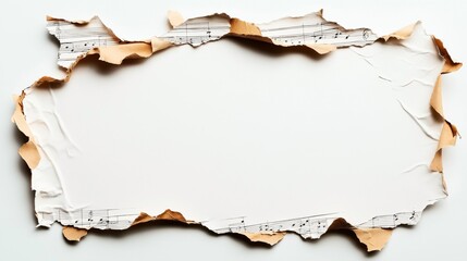 Torn paper edges reveal a hidden sheet of vintage music notes underneath. The contrast between the old, yellowed paper and the crisp white background creates a striking visual.