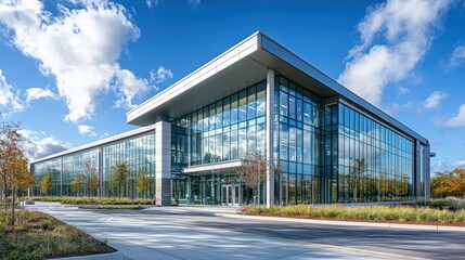 Obraz premium Modern glass office building with a large entrance and a walkway in front.