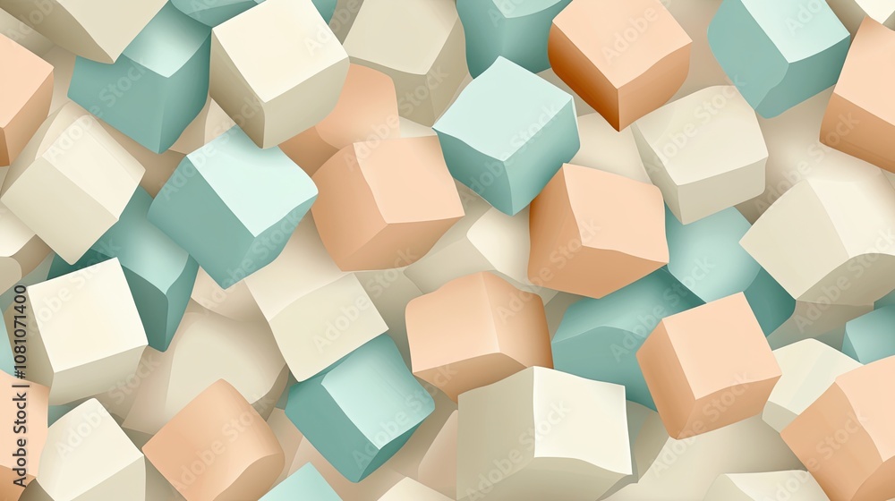Poster floating and overlapping 3d cubes in various pastel shades, set against a neutral background to crea