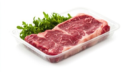 Fototapeta premium Fresh beef steak in vacuum-sealed clear plastic packaging, placed on a bright white background, showcasing premium quality meat with marbling.