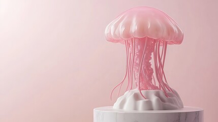A stylized pink jellyfish on a marble pedestal against a soft background.
