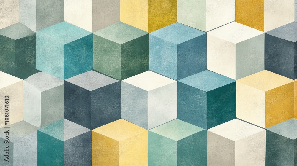 Poster geometric 3d cubes in varying sizes and soft, muted colors, artistically arranged for a minimalist a