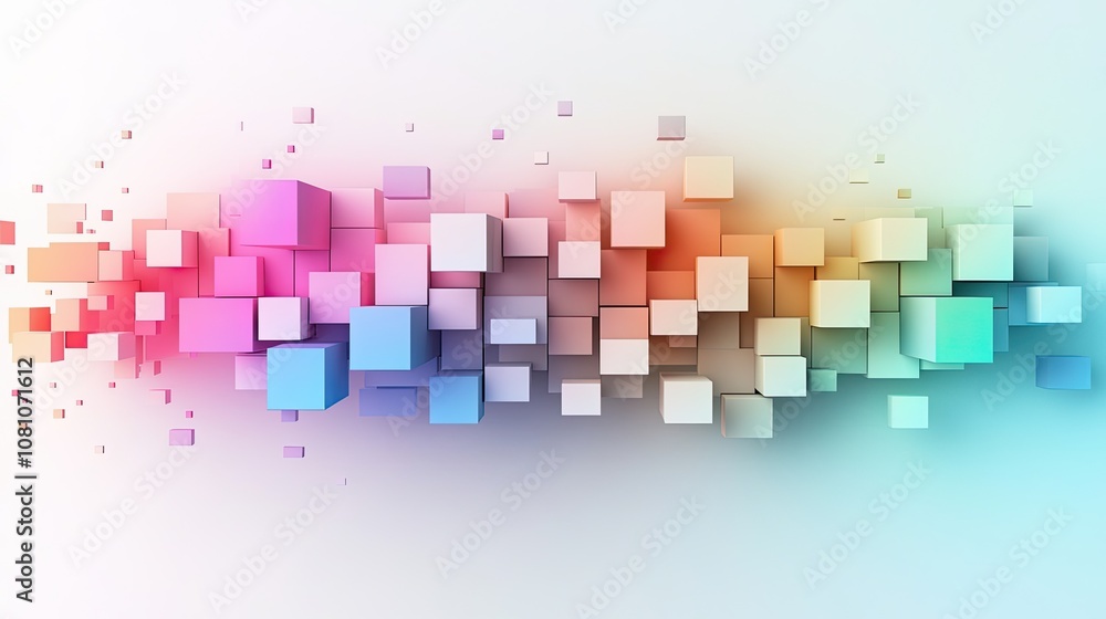 Poster gradient-colored 3d cubes arranged in an artistic flow, with soft lighting and shadows to enhance a 