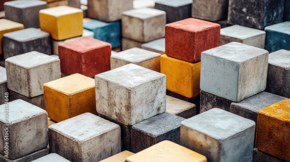Poster geometric 3d cubes in varying sizes and soft, muted colors, artistically arranged for a minimalist a