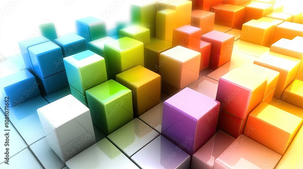 Poster gradient-colored 3d cubes arranged in an artistic flow, with soft lighting and shadows to enhance a 