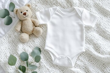 Blank white cotton baby short sleeve bodysuit, cute toy bear and green eucalyptus branch on white knitted blanket on bed. Blank infant onesie mockup template. Top view 