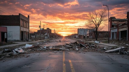 A desolate urban landscape at sunset shows the remnants of a forgotten city, symbolizing decline, decay, loss, and the fragility of civilization, captured in the stark beauty of a vanishing cityscape.