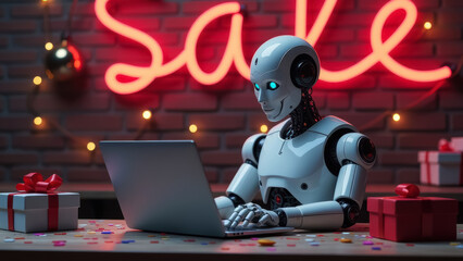 White robot sits at table and works on laptop