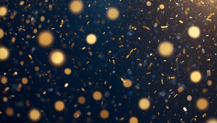 Gold confetti and glitter on a dark blue background.

