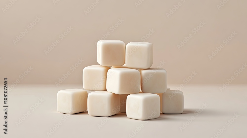 Poster scattered 3d cubes with rounded edges, arranged with subtle shadowing on a soft, neutral background 