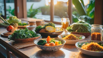 Minimalist Kitchen Table Display With Freshly Cooked Vegan and Paleo Dishes, Seasonal Vegetables, and a Selection of Organic Spices for a Healthy Family Dinner