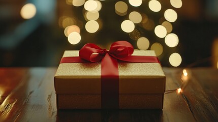 A gold gift box with a red ribbon sits on a wooden surface, illuminated by warm, festive lights, symbolizing celebration, joy, love, and generosity.