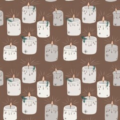 Cozy Christmas seamless pattern featuring hand-drawn glowing white winter pillar candles on a warm brown background, perfect for festive holiday textile or paper design.