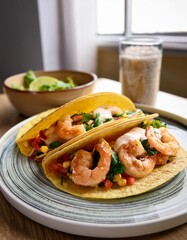 Casual Home Kitchen Scene with Tacos Gobernador Filled with Grilled Shrimp, Cheese, and Vegetables, Perfect for a Quick Mexican Lunch, Shot in a Lifestyle Setup