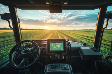 View from inside cabin of driverless tractor working on soybean field at sunset, showcasing precision agriculture and innovation in farming