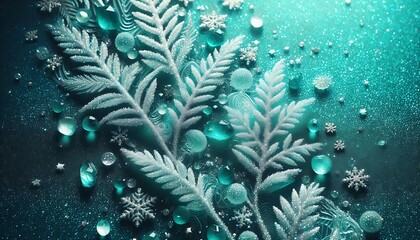 Teal glitter frosted gel leaves and ice crystals,floral teal silver background