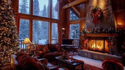 Couples' retreat in a snowy mountain lodge decorated for Christmas