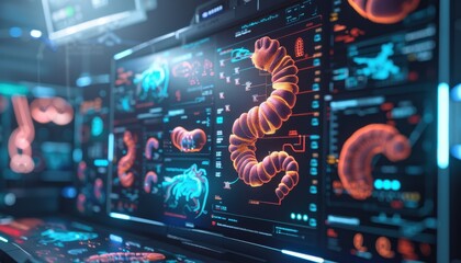 Fototapeta premium Colon testing results on digital interface in laboratory or surgical background, innovative technology in science and medicine concept. medical technology