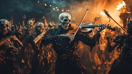 Amidst swirling smoke and flickering lights ghostly skeleton floats gathering dancing demons enchanting them violin melodies surreal Halloween celebration.