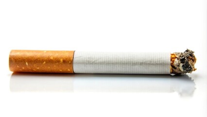 Cigarette ignited on white background with reflection