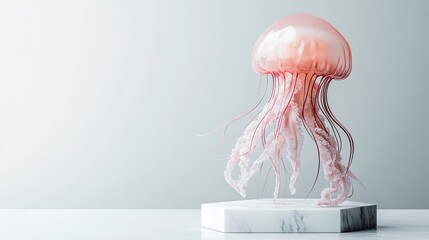 A translucent jellyfish displayed on a marble base.
