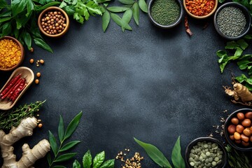 A vibrant display of various spices and herbs arranged artistically on a dark stone surface