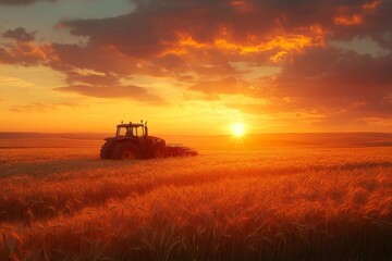 Fototapeta premium Tractor working during a beautiful sunset on a wheat field, creating a warm and vibrant agricultural scene