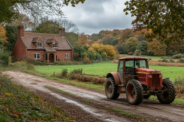 Obraz premium Red tractor driving on a dirt road near a farmhouse in the countryside during a cloudy autumn day