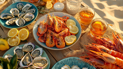 Seafood feast on the beach: oysters, prawns, lemons under golden sunset.