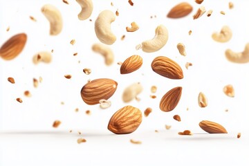 Realistic nuts including almonds, cashews, and walnuts falling down, isolated cutout on white background