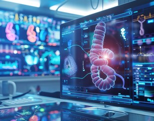 Colon testing results on digital interface in laboratory or surgical background, innovative technology in science and medicine concept. medical technology
