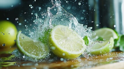Dramatic image of fresh lime slices captured amidst a lively and vigorous water splash, beautifully exemplifying freshness and dynamic movement.