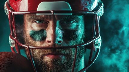 A close-up reveals a football player with black eye paint glaring intensely, blending athleticism with dramatic lighting for a visually striking image.