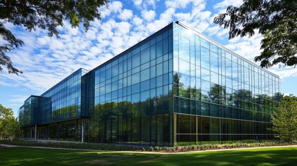 A modern glass building with a blue sky and green trees reflecting in its windows. The building symbolizes innovation, progress, transparency, sustainability, and growth.