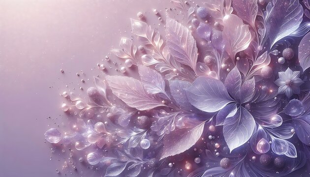 Elegant lavender glitter background featuring jelly leaves and delicate frozen droplets,floral lavender background