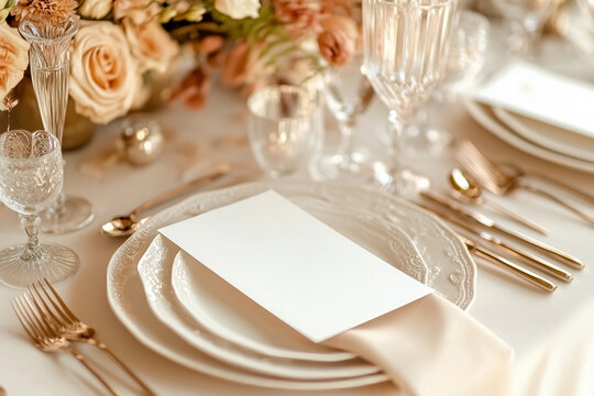 Table place setting blank menu card mockup or reserve in wedding invite and special event