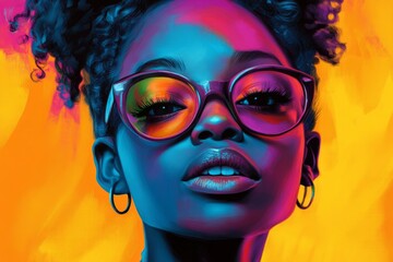 Fototapeta premium Close-up portrait of a young woman wearing stylish eyeglasses with colorful neon lights illuminating her face, creating a vibrant and fashionable atmosphere