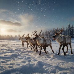 Obraz premium Herd of Reindeer in a Snowy Winter Landscape at Sunrise