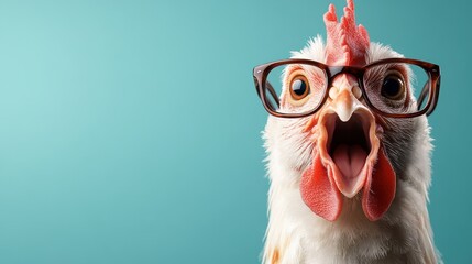 A lively and humorous image of a surprised chicken wearing glasses, set against a vivid turquoise background that enhances its quirky and comical appearance.