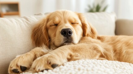 A golden retriever peacefully sleeping on a cozy, cream-colored couch, embodying calmness and comfort in a warm domestic atmosphere, imbuing the scene with love.