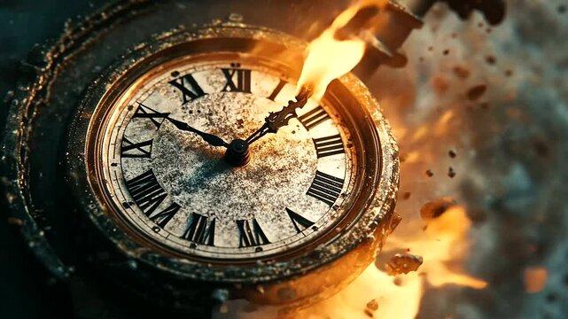 Concept of passing away, the clock breaks down into pieces.","passing away, concept of time, broken clock, shattered pieces, symbolism, mortality
